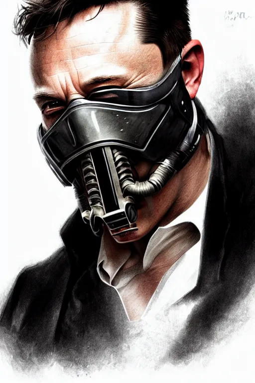 Image similar to elon musk as bane from dark knight, realistic portrait, symmetrical, highly detailed, digital painting, artstation, concept art, smooth, sharp focus, illustration, cinematic lighting, art by artgerm and greg rutkowski and alphonse mucha