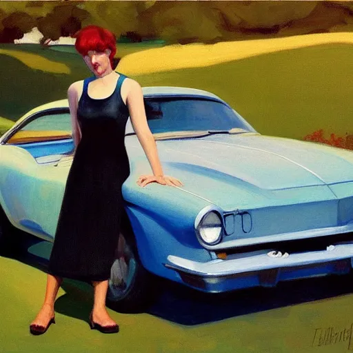 Image similar to Character portrait with car, dated a woman that lived on Cooterneck Road, She had a catfish Camero and was cooler than me, by Edward Hopper, Bo Bartlett, and Cynthia Sheppard, Artstation