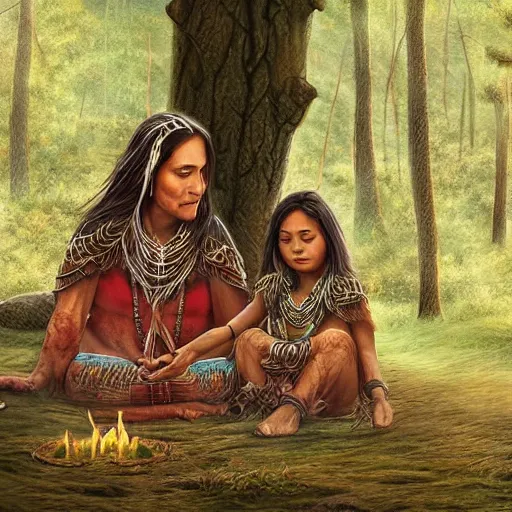 Image similar to chaman woman and her daughter making a ritual in the forest, digital art, highly detailed faces, leesha hanniga