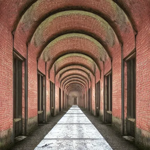 Prompt: a long asylum hallway, one point perspective, vanishing point, symmetrical composition, by lee madgwick, photorealistic, lumion render - w 1 0 2 4