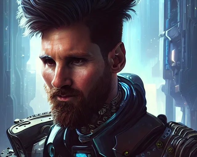 Image similar to man messi with cyberpunk implants, deep focus, d & d, fantasy, intricate, elegant, highly detailed, digital painting, artstation, concept art, matte, sharp focus, illustration, hearthstone, art by artgerm and greg rutkowski and alphonse mucha