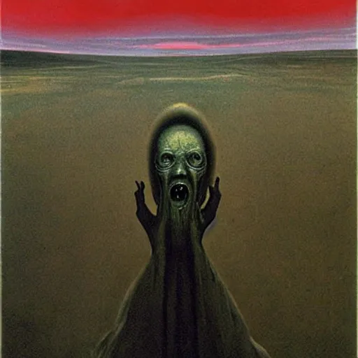 Image similar to the scream in the style of zdzislaw beksinski, gothic, surrealism, cosmic horror