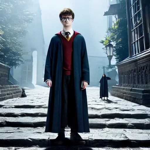 Image similar to Daniel radcliffe as harry potter, epic wide shot, cinematic shading, widescreen, sharp image, warm colors, Blu-Ray, directed by Asher Duran