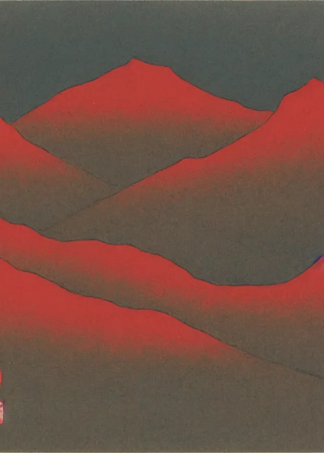 Image similar to landscape with red mountains, osamu tezuka