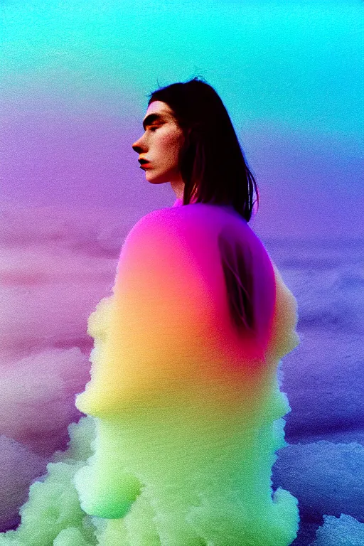 Image similar to high quality pastel coloured film close up wide angle photograph of a model wearing clothing swimming on cloud furniture in a icelandic black rock!! environment in a partially haze filled dreamstate world. three point light, rainbow. photographic production. art directed. pastel colours. volumetric clouds. pastel gradient overlay. waves glitch artefacts. extreme facial clarity. 8 k. filmic.