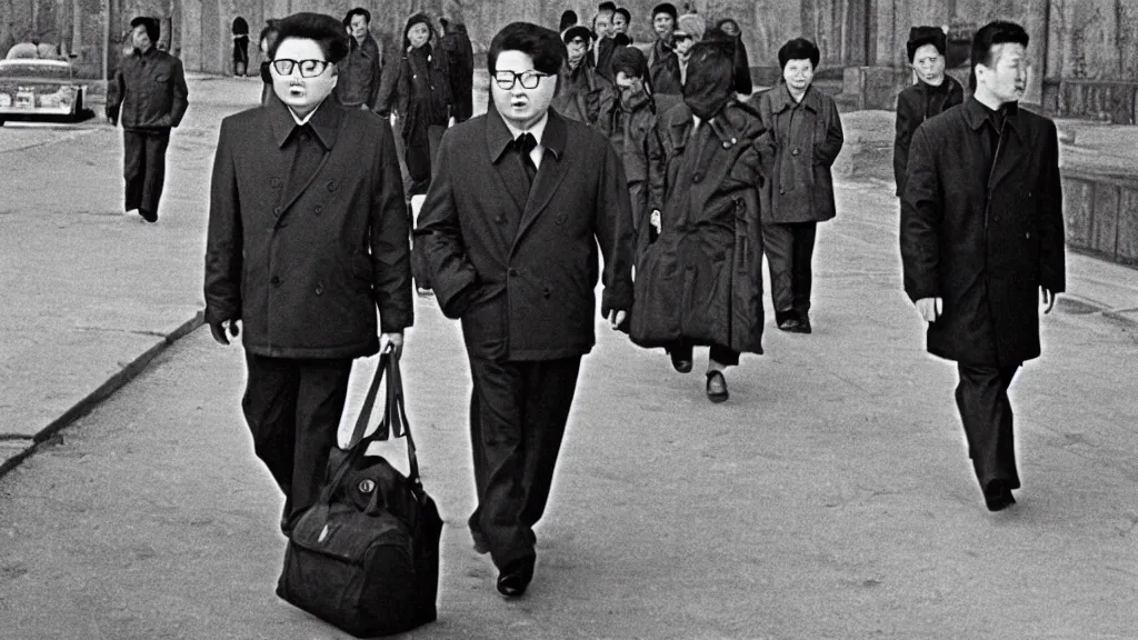 Image similar to kim jong - il walking in 1 9 6 0 s pyongyang, film noir thriller in the style of orson welles and andrei tarkovski