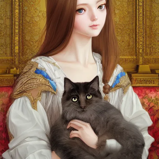 Image similar to portrait of a russian princess in her castle holding a cat in her hand, in the style of ilya kuvshinov and miho hirano, artstation, high quality art, super detail