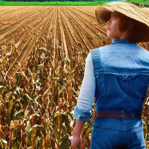 Prompt: a film still of transformers robots wearing a straw hat blue overalls in the corn field, chappie, farming, photorealistic, 8 k