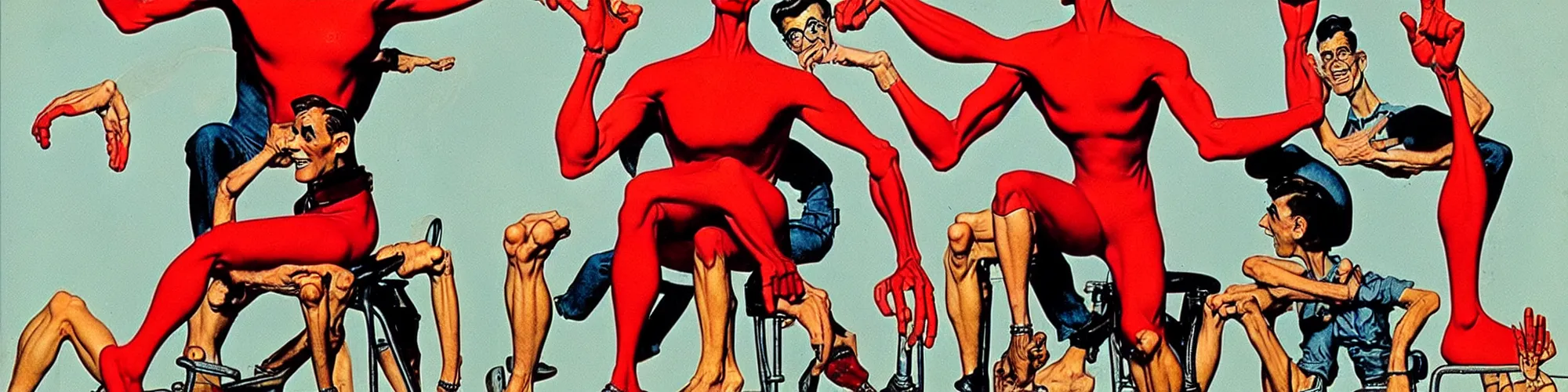 Image similar to plasticman showing off his weird limbs illustrated by norman rockwell with very long hands and arms and fingers and legs and feet twirling and twisting around on a very sunny day in another dimension, funny, silly