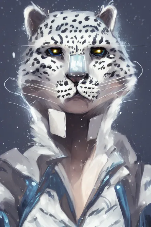 Image similar to anthropomorphic snow leopard scientist, trending on artstation, trending on furaffinity, digital art, by kawacy, anime, furry art, warm light, backlighting, cartoon, concept art, cyberpunk