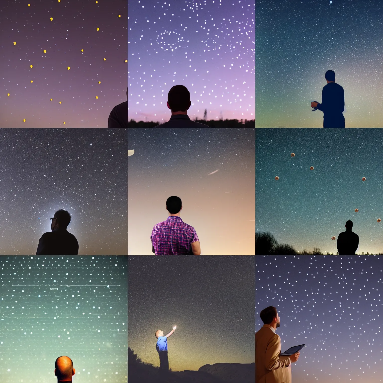 Prompt: man looking at the pattern with little balls on the night sky