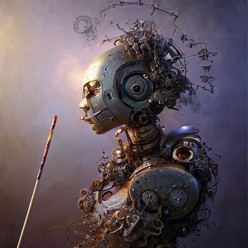 Image similar to a beautiful detailed 3 d matte portrait of a robot with a lollipop, by ellen jewett, by tomasz alen kopera, by justin gerard, ominous, magical realism, texture, intricate, whirling smoke, radiant colors, fantasy, volumetric lighting, high details