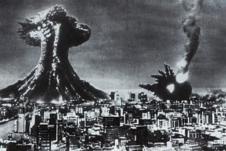 Image similar to a filmstill of Kim Jong-il and a Starro Kaiju monster destroying Pyongyang, in Godzilla (1954) by Ishirō Honda, traditional Korean city, palace, epic ultrawide shot, cinémascope