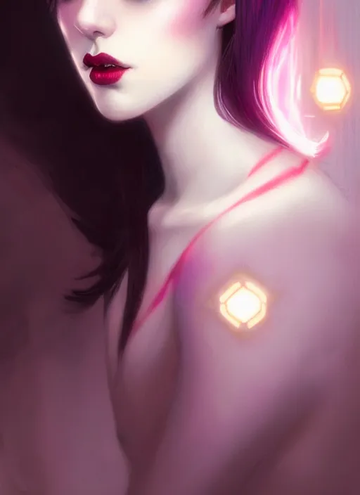 Prompt: portrait of pale teenage girl, red irises, black hair, white bangs, purple lipstick, intricate, elegant, glowing lights, highly detailed, digital painting, artstation, concept art, smooth, sharp focus, illustration, art by wlop, mars ravelo and greg rutkowski