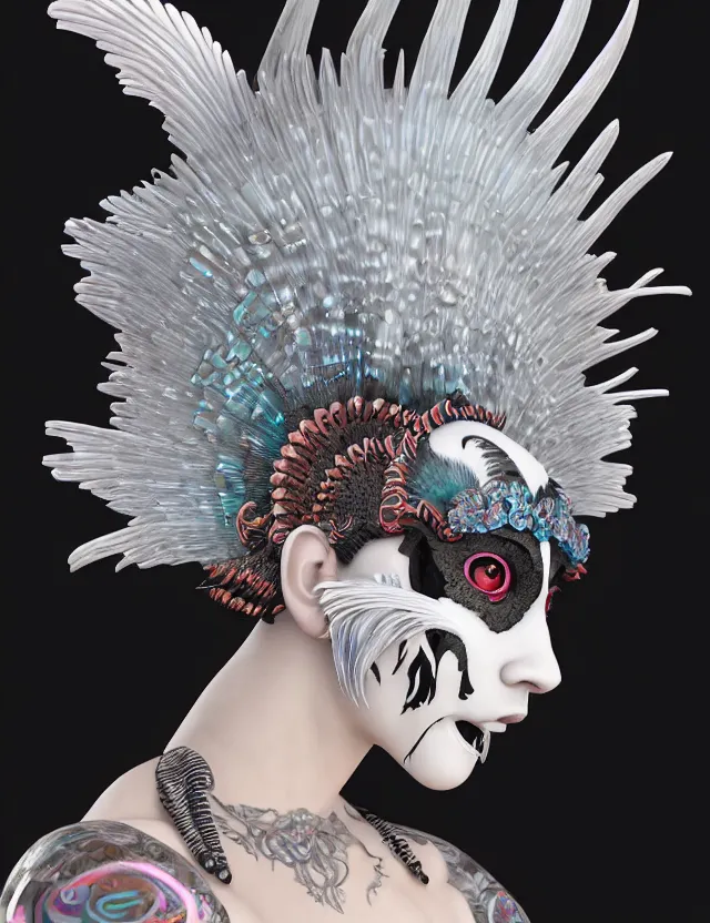 Image similar to 3 d goddess close - up profile simple portrait punk with mohawk with ram skull. beautiful intricately detailed japanese crow kitsune mask and clasical japanese kimono. betta fish, jellyfish phoenix, bio luminescent, plasma, ice, water, wind, creature, artwork by tooth wu and wlop and beeple and greg rutkowski