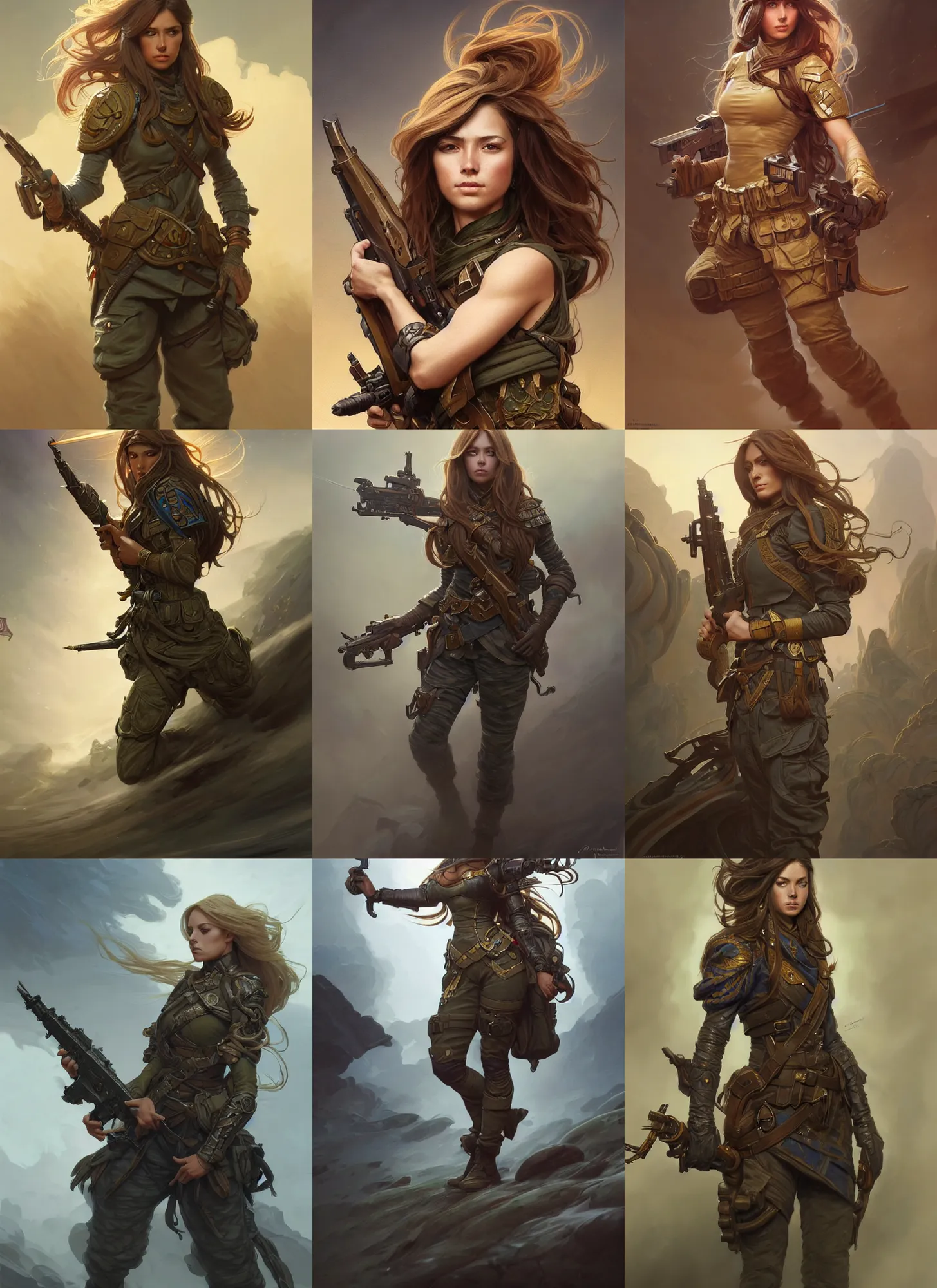 Prompt: full body photograph of female soldier with exceedingly long hair, deep focus, intricate, elegant, highly detailed, digital painting, artstation, concept art, matte, sharp focus, illustration, d & d, fantasy, hearthstone, art by artgerm and greg rutkowski and alphonse mucha