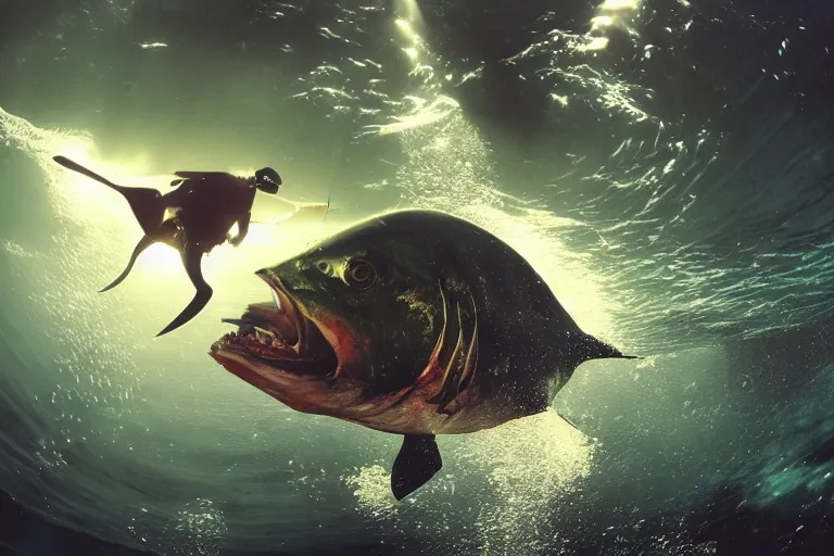 Image similar to incredible screenshot of an underwater diverr, dynamic camera angle, deep 3 point perspective, fish eye, dynamic extreme foreshortening of the giant tuna fish he has speared, , sunlight rays shine through the water illuminating the fish, by phil hale, ashley wood, geoff darrow, james jean, 8k, hd, high resolution print