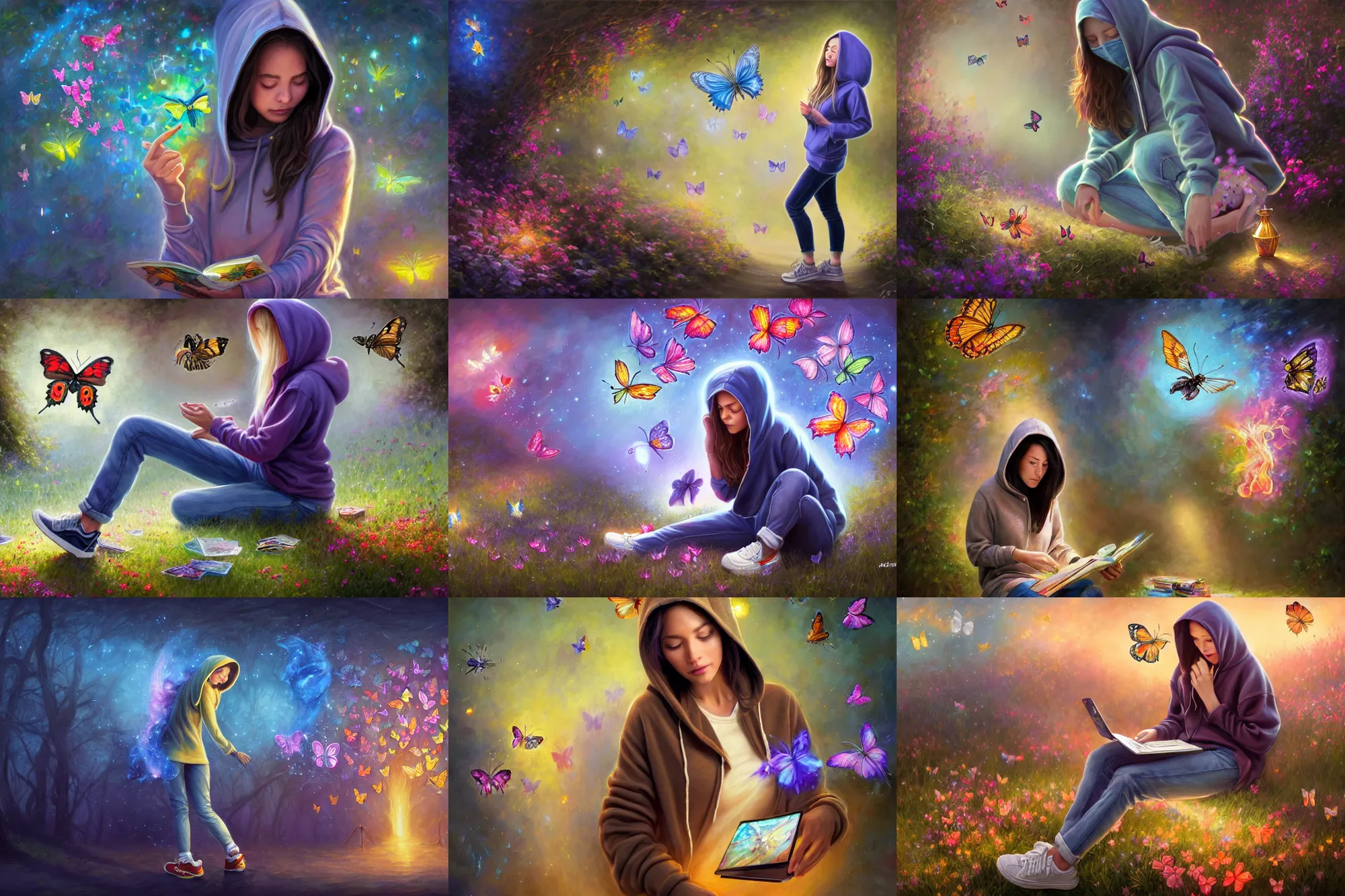 Prompt: distant full long wide view shot. woman in a hoodie, jean pants, sneakers, playing d & d. butterflies, flowers, fireflies, spirits, digital painting, detailed, colorful aura, 8 k, trending on artstation, smooth, sharp focus artwork by mark arian, artgerm, mark keathley, greg rutkowski