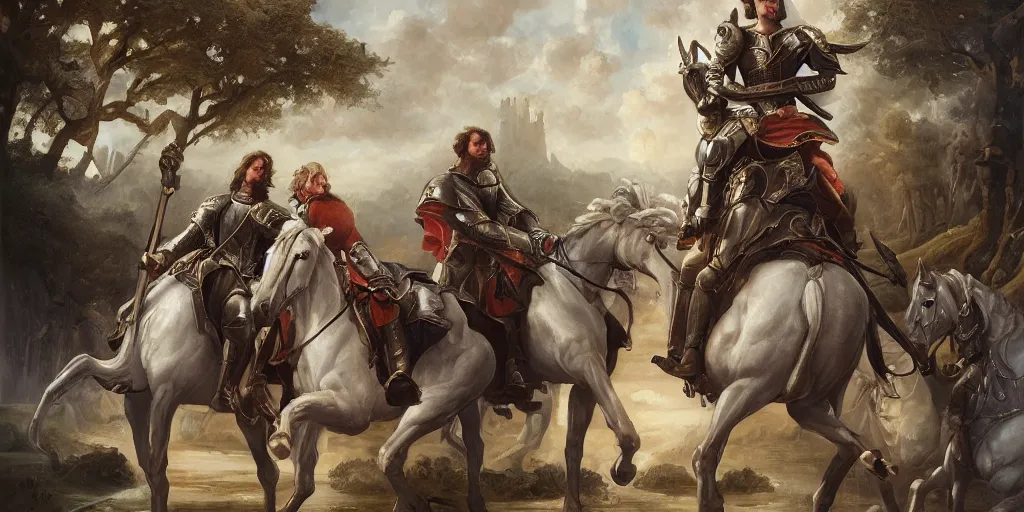 Image similar to a stunning and noble highly detailed romantic period style painting of the knights of camelot by james jean, josep tapiro baro and harles sillem lidderdale, trending on artstation, oil painting masterpiece, symmetry, rule of thirds, mysterious