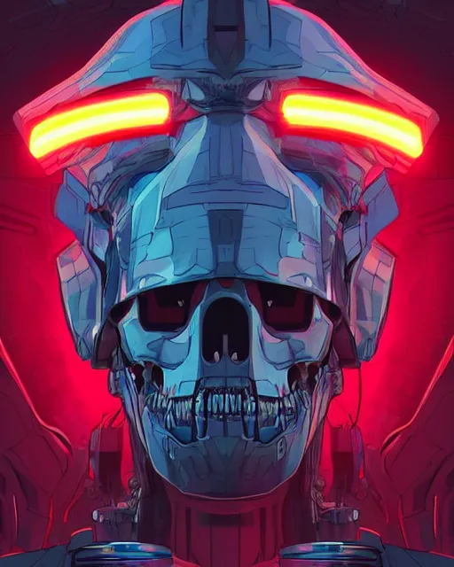 Prompt: a portrat of an immortal mecha cyber skeleton with glowing red eyes, digital art by dan mumford and Derek Riggs, trending on artstationhq