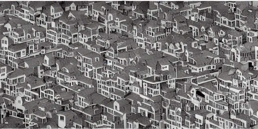 Prompt: photograph of a busy and picturesque suburb designed by M. C. Escher at sunset, 4k resolution, surreal