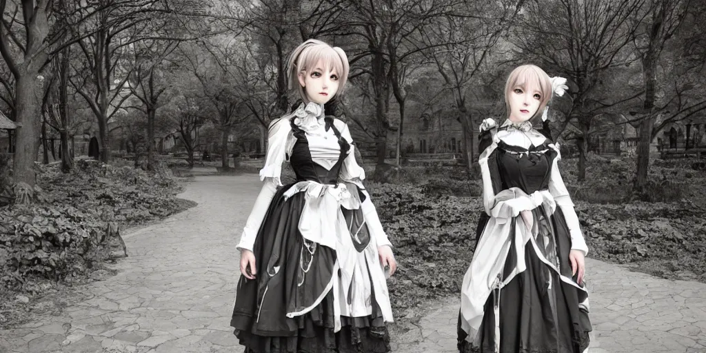 Image similar to beautiful android gothic lolita standing in a city taken over by nature , theme of sadness, melancholy, and dark beauty, high exposure