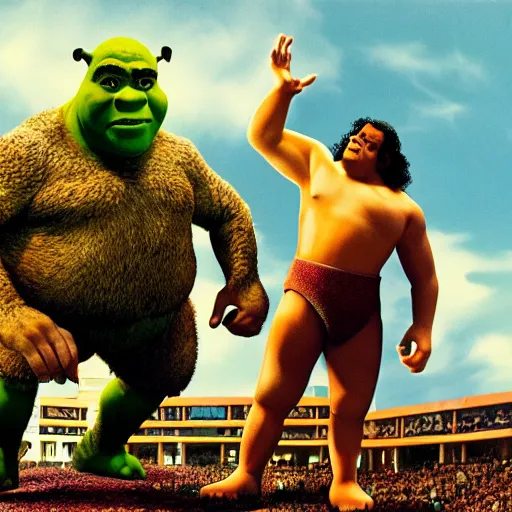 Image similar to WWF poster for shrek vs andre the giant at wrestlemania 8, dramatic lighting, 8k ,