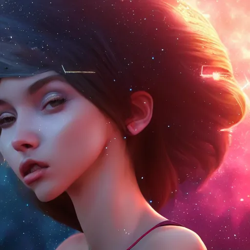 Image similar to beautiful girl galaxy background character concept style trending on artstation concept art detailed octane render cinematic photo-realistic 8k high detailed