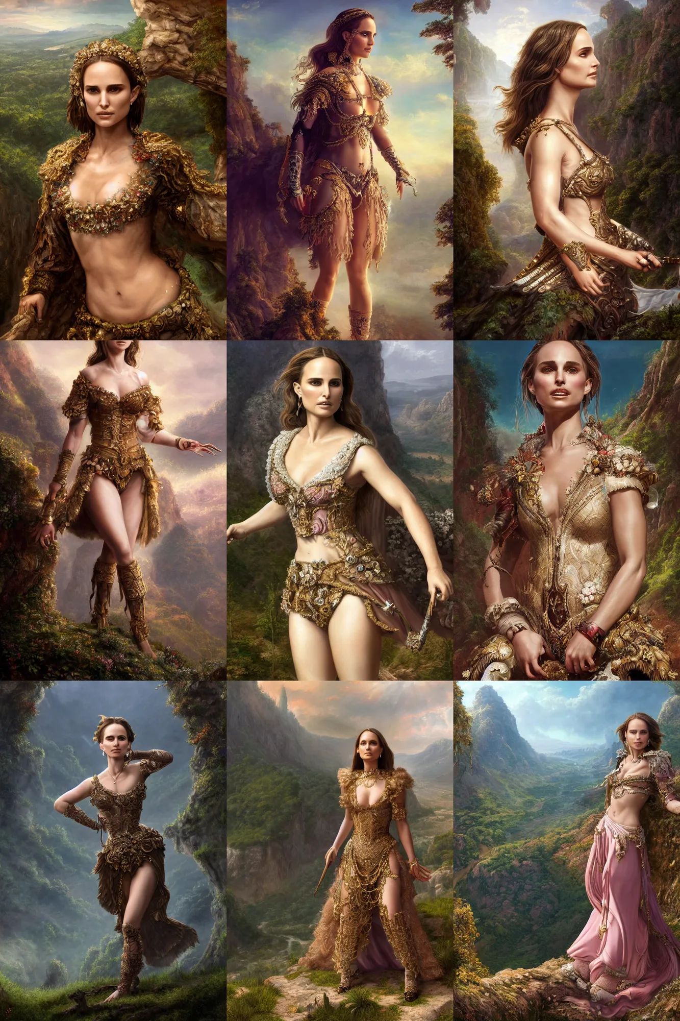 Prompt: intricate baroque digital painting of Natalie Portman clothed in a chesty fantasy outfit, posing on the edge of a cliff overlooking a forested valley, realistic, intricate details, 8k resolution matte fantasy painting, cinematic lighting, trending on Artstation