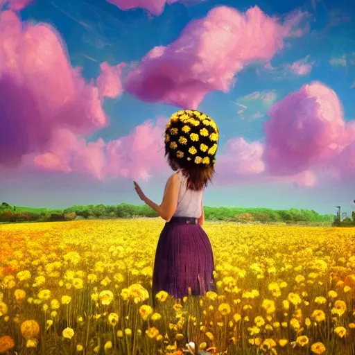 Image similar to full body daisy flower head, girl standing in a flower field, head hidden behind huge daisy flower, surreal photography, sunrise, dramatic light, impressionist painting, colorful clouds, digital painting, artstation, simon stalenhag