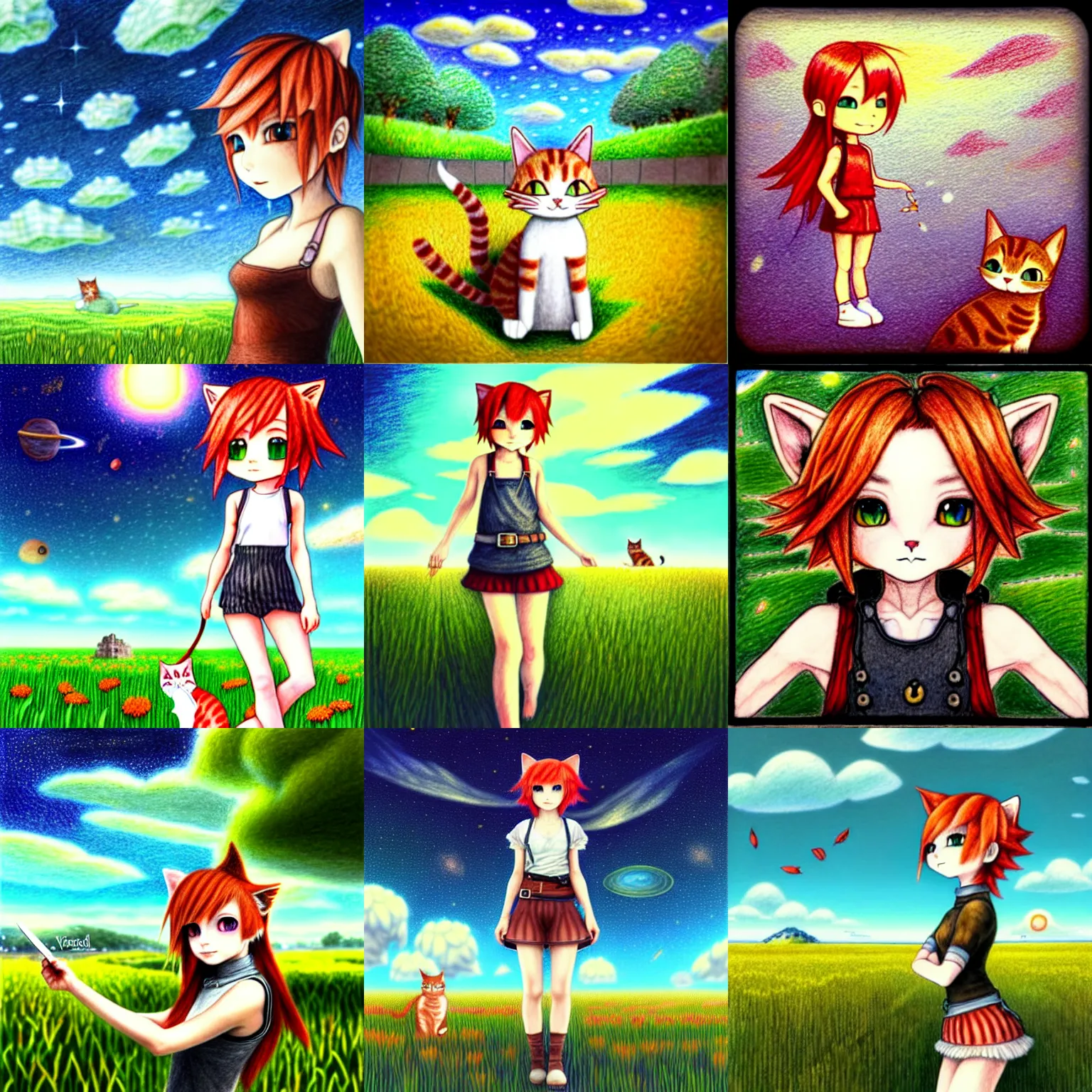 Prompt: an absurdly-detailed colored-pencil drawing as a fancy square tile, a cute adventurer, a short-red-haired cat-girl painted in final fantasy style, wearing a simple outfit. Summer sun in verdant fields. | THE SKY | THE SKY | THE SKY | THE SKY | THE SKY | THE SKY | THE SKY | SPACE WITH A CRACK IN IT | I don't know I'm bored
