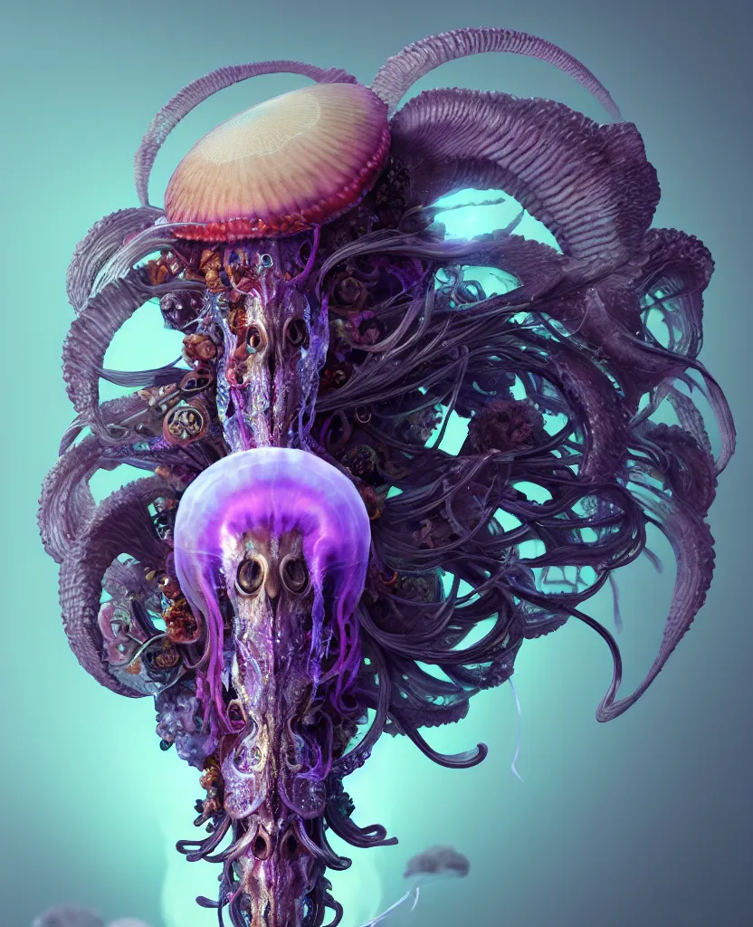 Image similar to goddess close-up portrait ram skull. jellyfish phoenix head, nautilus, orchid, ram skull, betta fish, bioluminiscent creatures, intricate artwork by Tooth Wu and wlop and beeple. octane render, trending on artstation, greg rutkowski very coherent symmetrical artwork. cinematic, hyper realism, high detail, octane render, 8k