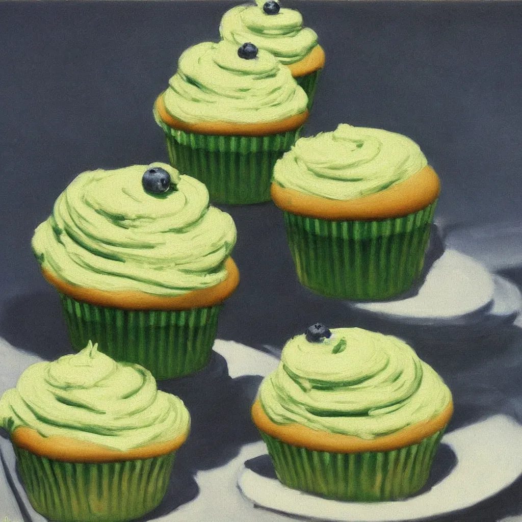 Prompt: a detailed painting study of one blueberry cupcakes with green creme topping by Edward Hopper