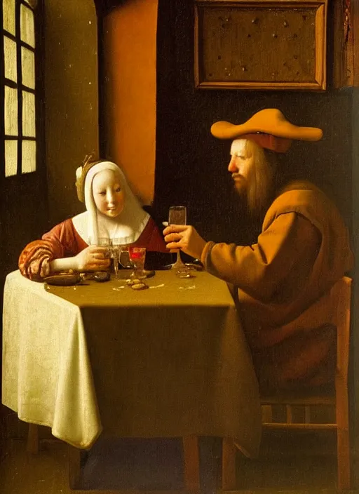 Image similar to evening, young man at the table with young pretty blonde girl at the crowded tavern in the evening. medieval painting by jan van eyck, johannes vermeer