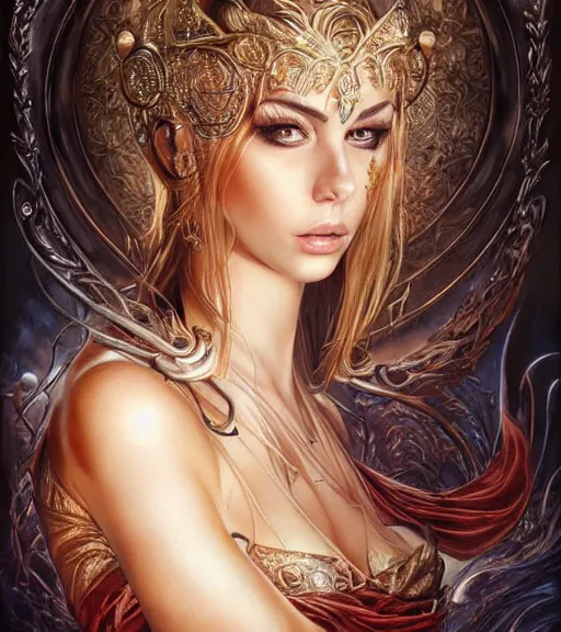 Image similar to a higly detailed full body shot portrait painting of a stunning and sensual female fantasy sorceress with piercing beautiful eyes, dynamic lighting, ambient lighting, deviantart, art by artgerm and karol bak and mark brooks