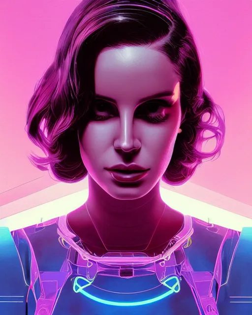 Image similar to portrait of lana del rey as a cyborg. intricate abstract. key art. blue, pink, intricate artwork. by tooth wu, wlop, beeple, dan mumford. 8 k octane render, trending on artstation, greg rutkowski very coherent symmetrical artwork. cinematic, hyperrealism, very detailed, iridescent accents