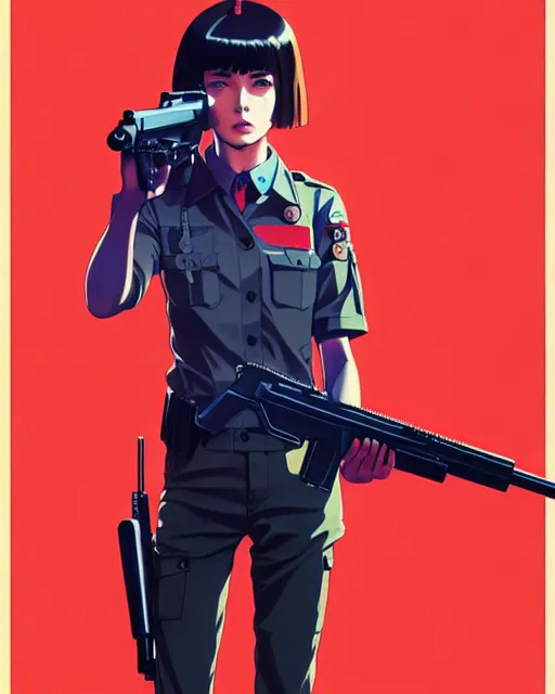 Image similar to girl wearing uniform, holding gun | | audrey plaza, fine detail!! anime!! realistic shaded lighting!! dramatic!! poster by ilya kuvshinov katsuhiro otomo ghost - in - the - shell, magali villeneuve, artgerm, jeremy lipkin and michael garmash and rob rey