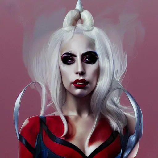 Prompt: full figure ultra realistic illustration, lady gaga as harley quinn, intricate, elegant, highly detailed, digital painting, artstation, concept art, smooth, sharp focus, illustration, art by artgerm and greg rutkowski and alphonse mucha