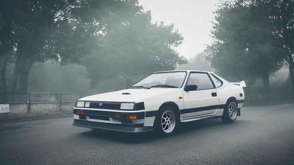 Image similar to a trueno ae 8 6, cinematic, white balance, neon, 8 k, rim lighting, led, lumen global illumination, fog, ray tracing reflections