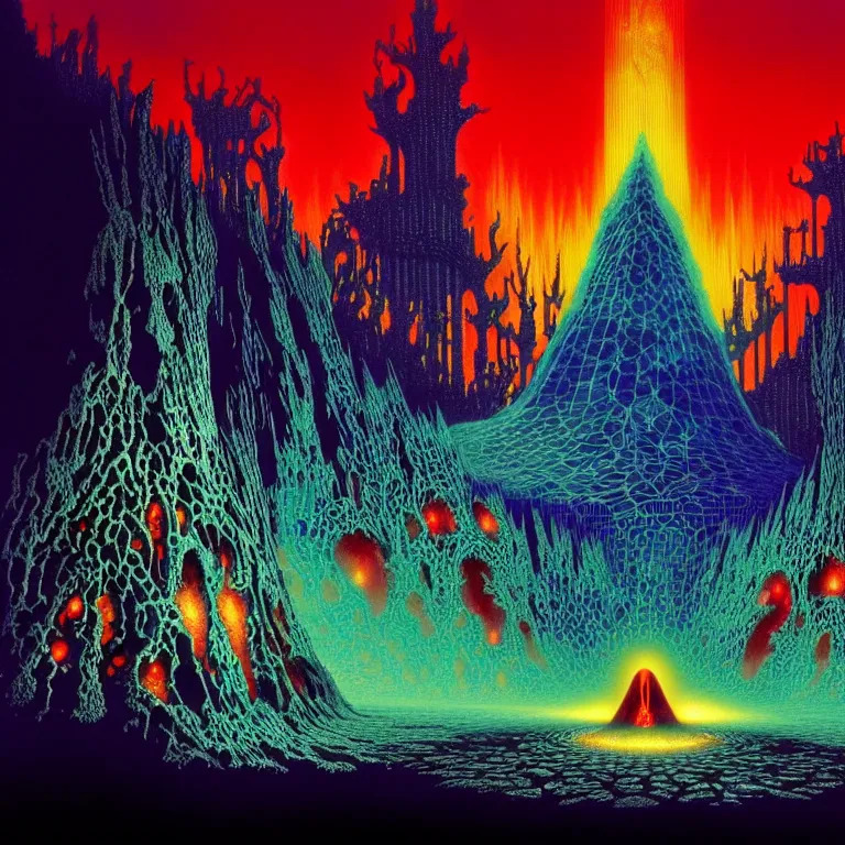 Image similar to the kiln of the first flame from dark souls 3, infinite fractal tesseract, quantum waves, synthwave, bright neon colors, highly detailed, cinematic, eyvind earle, tim white, philippe druillet, roger dean, ernst haeckel, lisa frank, aubrey beardsley, kubrick