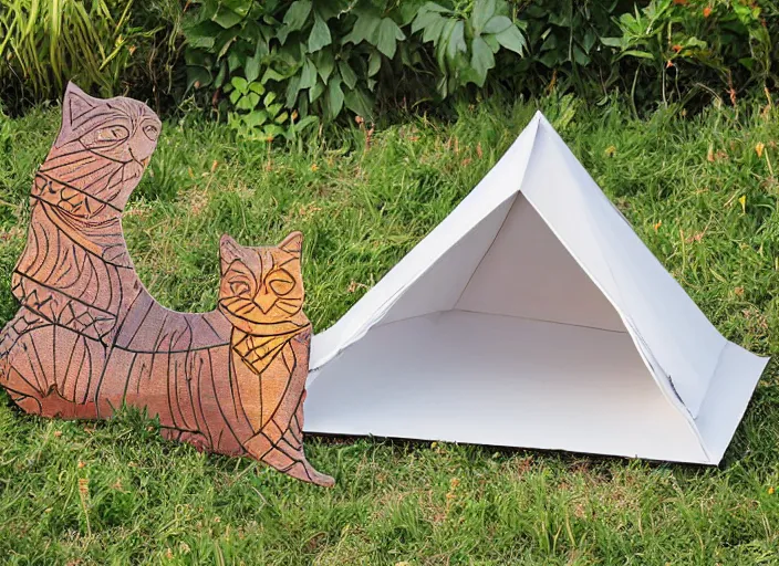 Image similar to geometric cat shaped burning man canvas tent, internally illuminated