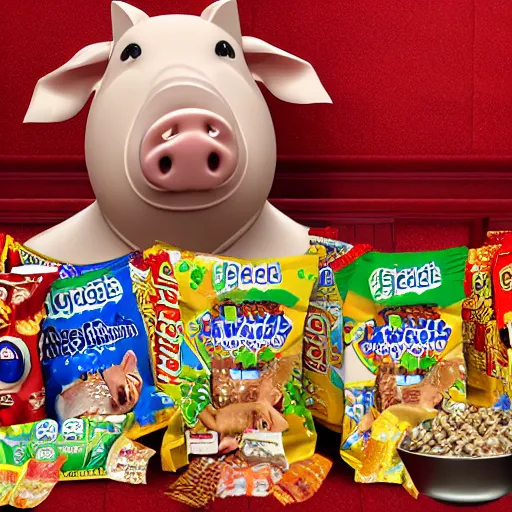 Image similar to photo realistic pig king on throne surrounded snack food bags, realistic, award winning, cinematic