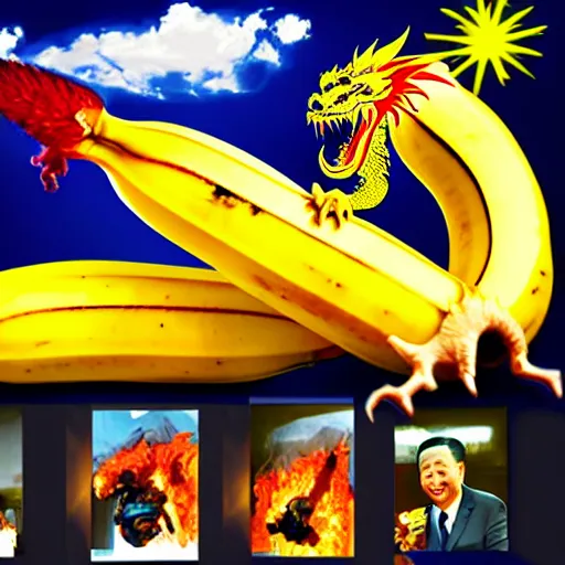 Prompt: Chinese president, bananas weapon, dragon, fight, flaming mountain, painting, epic