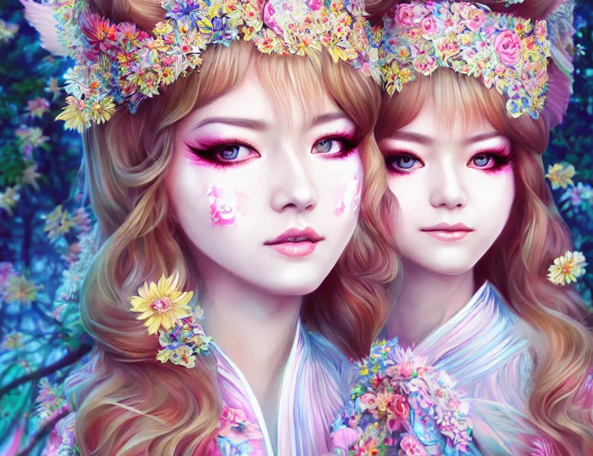 Image similar to two beautiful fashion siberian girls wear fantasy kimono in festival | | big eyes, sunny, dreamlike art, realistic shaded, smile, good looking, hyper details, 4 k realistic, cryengine, realistic shaded lighting poster by artgerm, ross tran, fuji choko, loish, 8 k resolution, trending on artstation, luxury