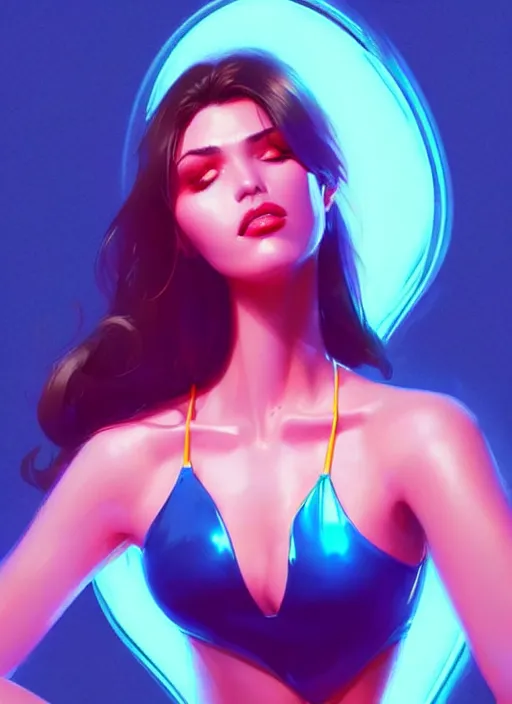 Image similar to glossy tube top, elegant, cyber neon lights, highly detailed, digital illustration, trending in artstation, trending in pinterest, glamor pose, concept art, smooth, sharp focus, art by artgerm and greg rutkowski