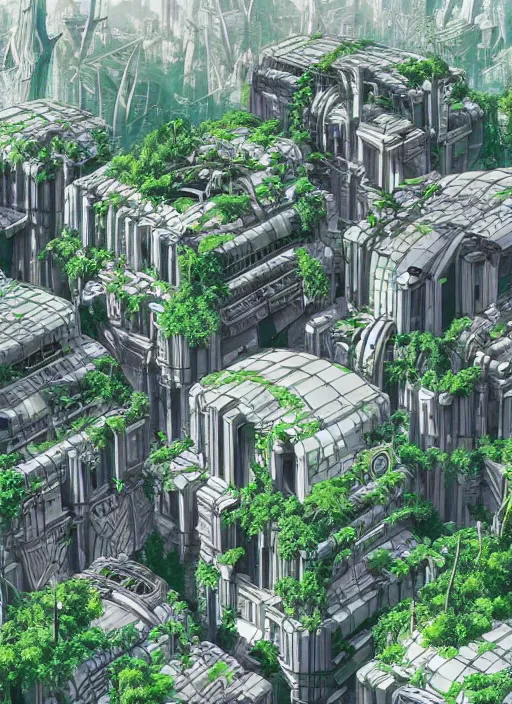 Image similar to solarpunk futuristic city which has been abandoned and overgrown by a forest, hyperdetailed, maximalist composition, by studio ghibli and my hero academia, cel shaded, ambient occlusion