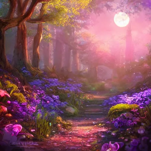 Prompt: An enchanted forest, colorful flowers, pathway, reflection, moonlight, fantasy scene, clear sky, illustration, depth of field, ruins, soft light, high definition, detailed, 8k, Artstation, fantasy art