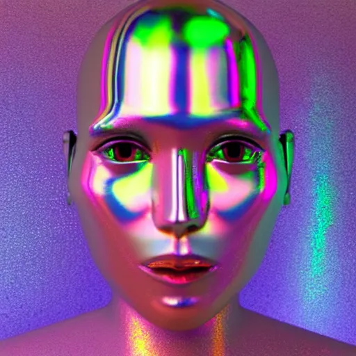 Image similar to 3d render of holographic human robotic head made of glossy iridescent, surrealistic 3d illustration of a human face non-binary, non binary model, 3d model human, cryengine, made of holographic texture, holographic material, holographic rainbow, concept of cyborg and artificial intelligence