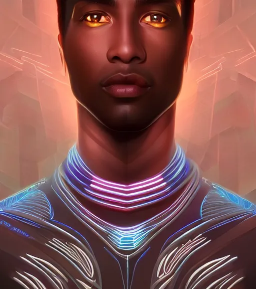 Image similar to symmetry!! egyptian prince of technology, solid cube of light, hard edges, product render retro - futuristic poster scifi, lasers and neon circuits, brown skin man egyptian prince, intricate, elegant, highly detailed, digital painting, artstation, concept art, smooth, sharp focus, illustration, dreamlike, art by artgerm