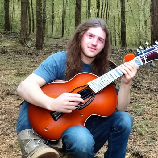 Image similar to a photo of a young man with long hair playing mandolin in the wilderness